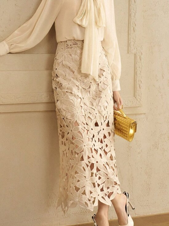 Dresses & Skirts - Khaki Casual Women's Floral Lace Cutout A-Line Skirt